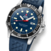 Angle view of the Swiss Military SMS34102.04 Swiss Solar Sports Watch with blue dial and matching rubber strap, stainless steel case, aluminium bezel and easy-click system.