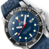 Close-up of the blue dial on the Swiss Military SMS34102.04 Swiss Solar Sports Watch, featuring luminous markers, sapphire crystal, a black aluminium bezel and solar-powered quartz movement.