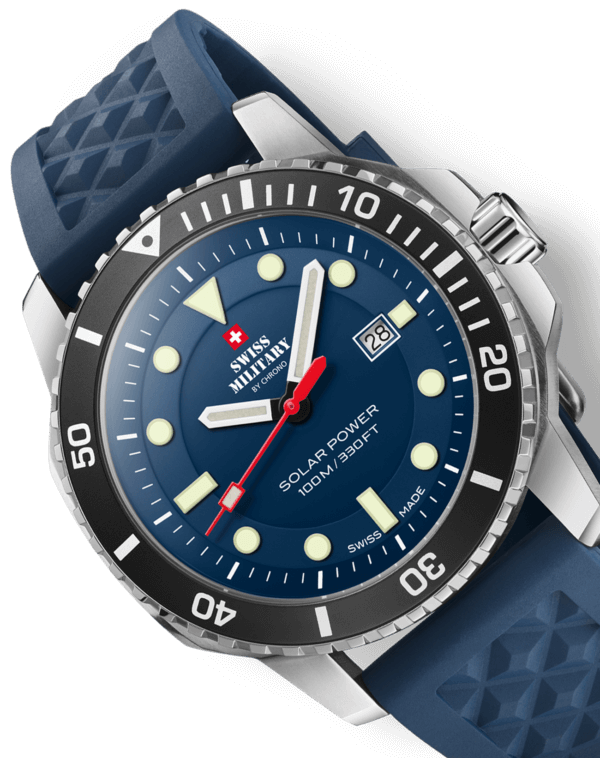 Close-up of the blue dial on the Swiss Military SMS34102.04 Swiss Solar Sports Watch, featuring luminous markers, sapphire crystal, a black aluminium bezel and solar-powered quartz movement.