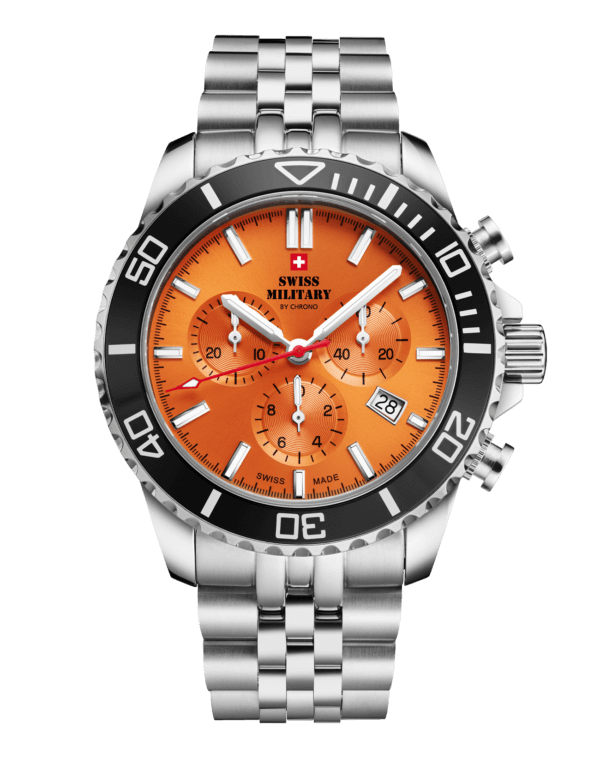 SM34103.05 Swiss Sports Chronograph Watch with an orange dial, black bezel, and Swiss-made precision. Water-resistant up to 100M.
