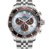 SM34103.06 Swiss Sports Chronograph Watch with a light blue dial, brown rotating bezel, and stainless steel bracelet, showcasing Swiss-made quality.