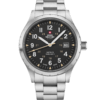 Classic Army Style Watch Black Steel with bold black dial and stainless steel case, crafted in Switzerland.