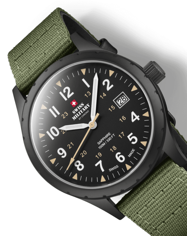 Swiss Military SM34108.07 close-up showing matte black dial, luminous hands, beige military hours, sandblast finish case, and green canvas strap.