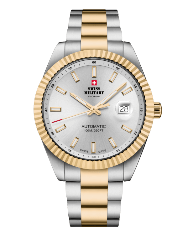 Swiss Military SMA34110.06 classic Swiss automatic watch with silver sunray dial and bi-color stainless steel and gold-tone bracelet