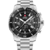 Front view of Swiss Military Solar Chronograph SMS34113.01 with black dial and stainless steel bracelet.