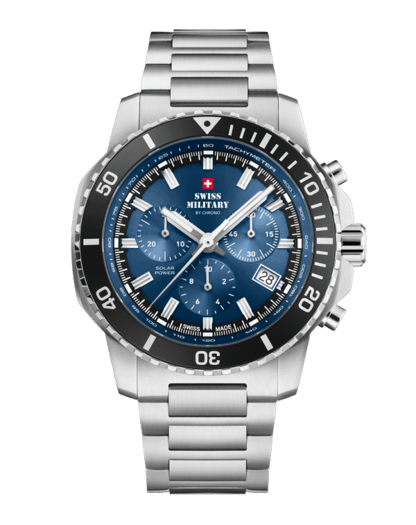 Front view of Swiss Military Solar Chronograph SMS34113.02 with blue dial and stainless steel bracelet.