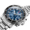 Swiss Military Solar Watch SMS34113.02 angled view with blue sunray dial and steel bracelet.
