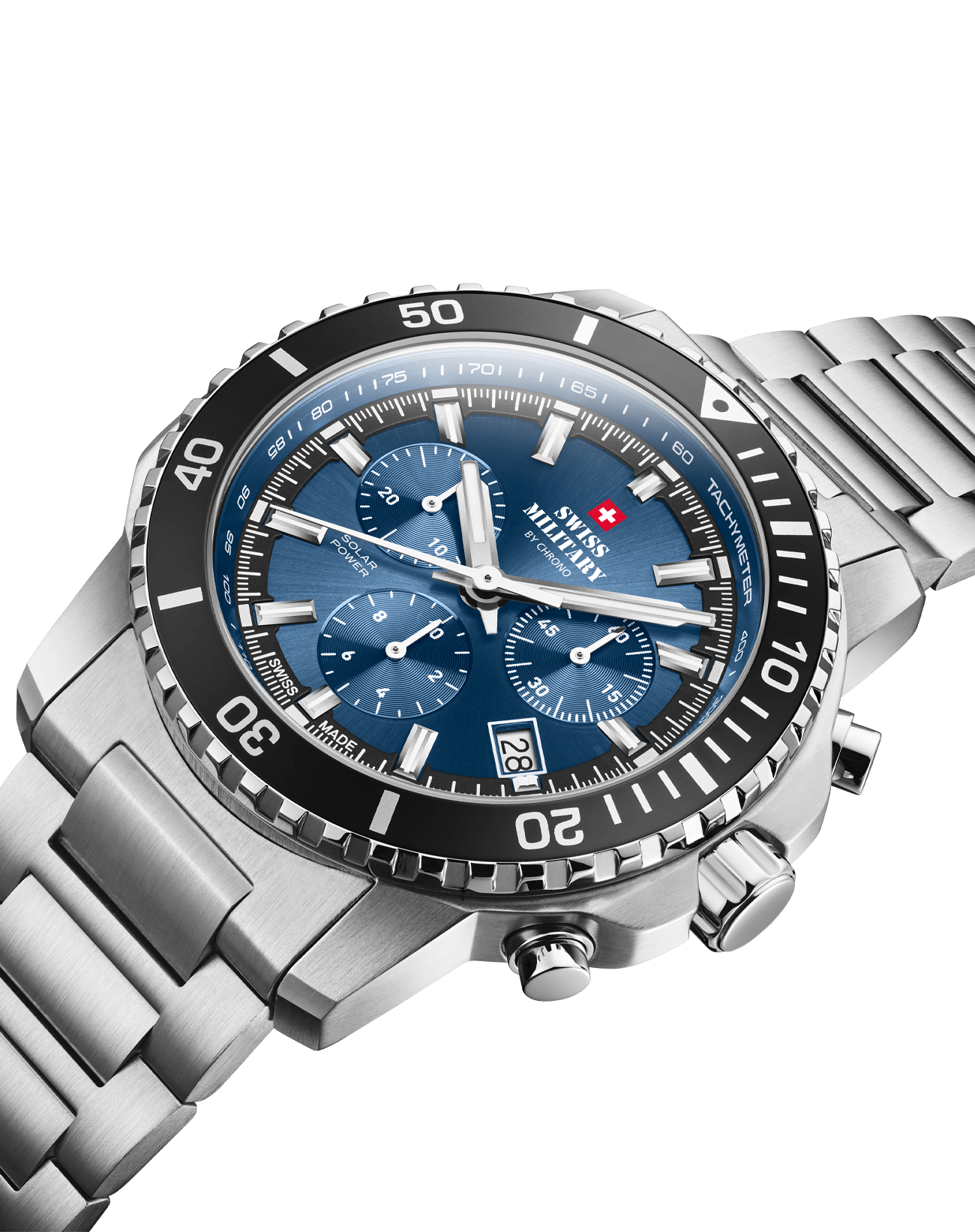 Swiss Military Solar Watch SMS34113.02 angled view with blue sunray dial and steel bracelet.
