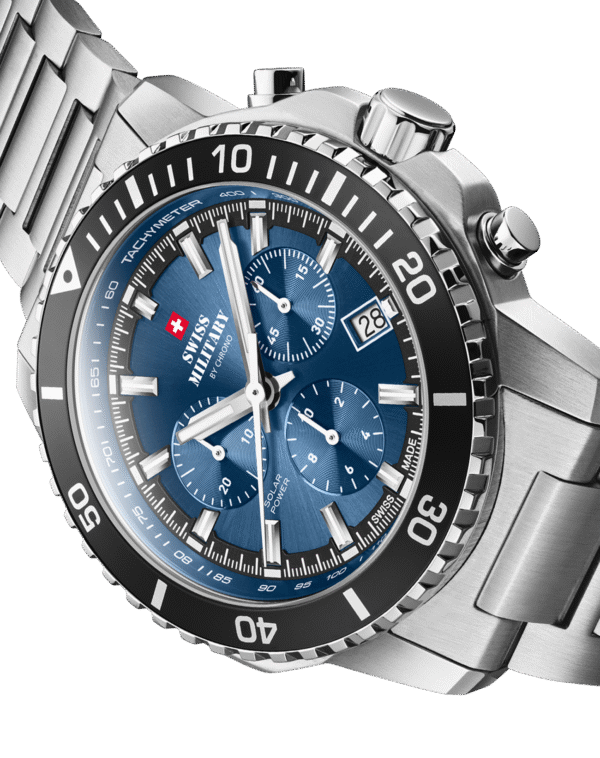 Men’s Swiss Military Chronograph SMS34113.02 with blue dial, sub-dials and tachymeter bezel.