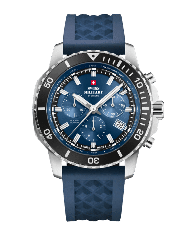 Front view of Swiss Military Solar Chronograph SMS34113.03 with blue dial and rubber strap.