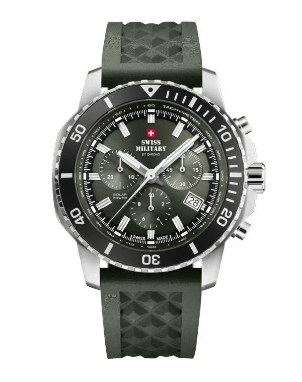 Front view of Swiss Military Solar Chronograph SMS34113.04 with green dial and rubber strap.