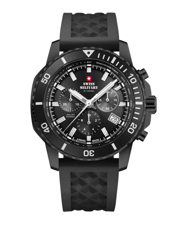 Front view of Swiss Military Solar Chronograph SMS34113.05 with black dial, Black PVD case and rubber strap.
