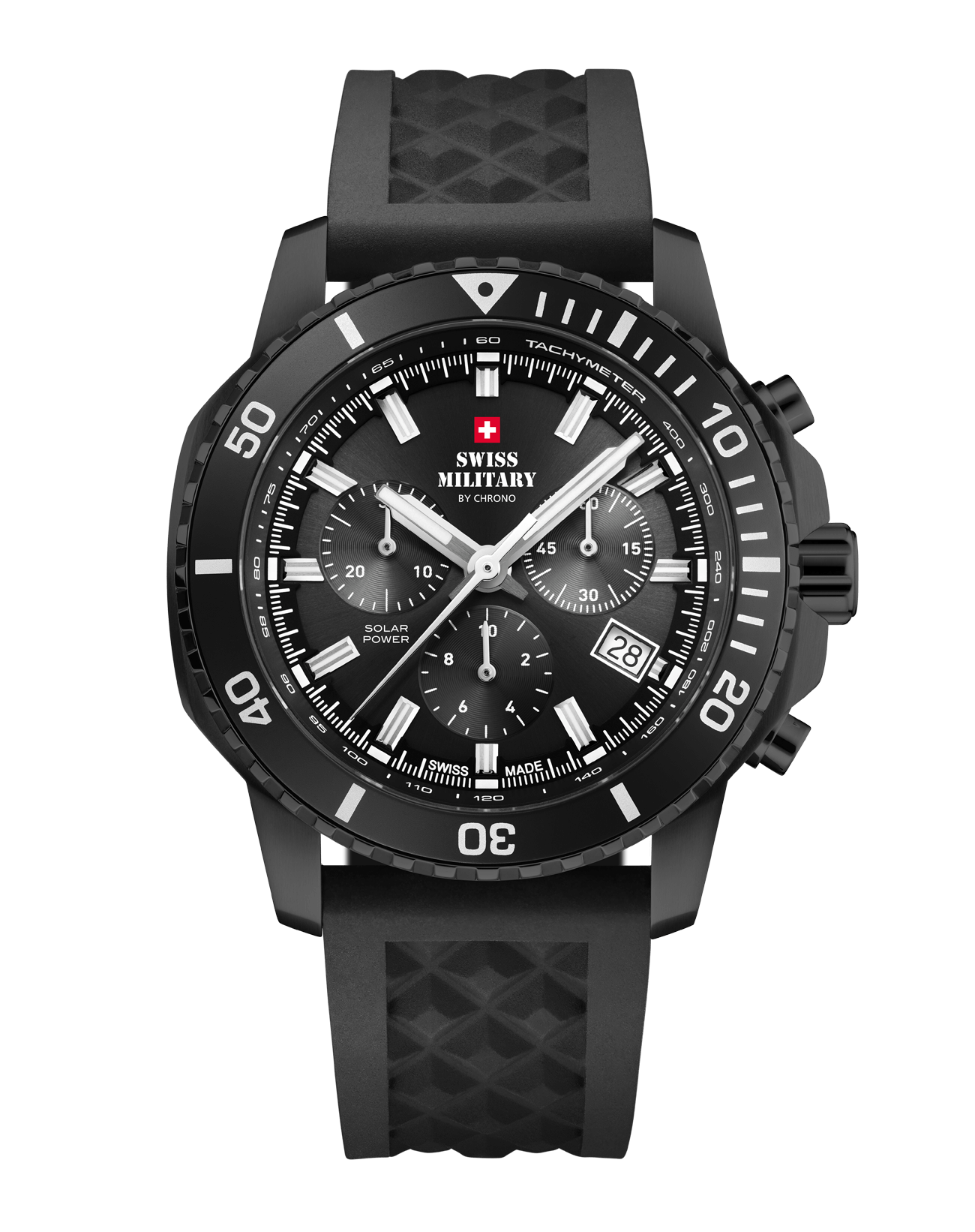 Front view of Swiss Military Solar Chronograph SMS34113.05 with black dial, Black PVD case and rubber strap.