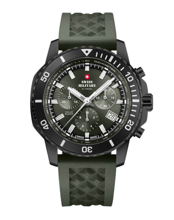 Swiss Military Solar Chronograph SMS34113.06 with green dial, Black PVD case and green rubber strap.