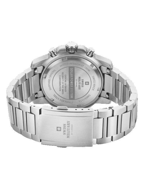 Engraved stainless steel caseback of SMS34113.01 with bracelet.