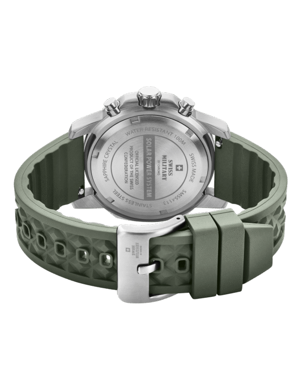 Swiss Military Solar Watch SMS34113.04 rear view with engraved stainless steel caseback and rubber strap.