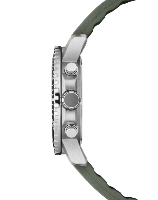 Men’s Swiss Military Chronograph SMS34113.04 side profile with stainless steel case and green rubber strap.
