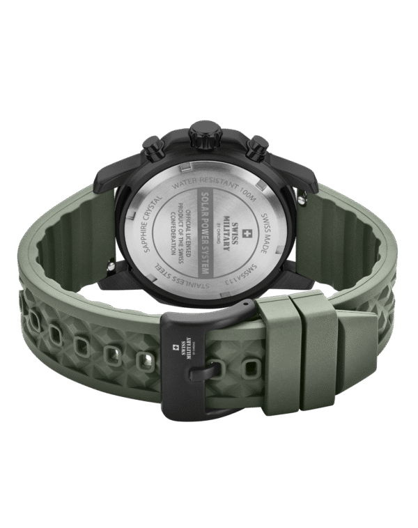 Caseback of Swiss Military Solar Watch SMS34113.06 with engraved details and green rubber strap.