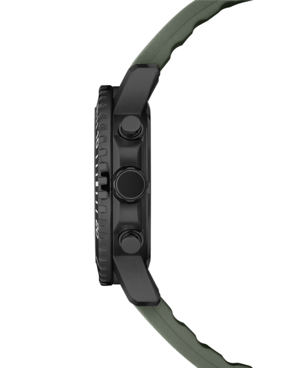 Swiss Military Chronograph Watch SMS34113.06 side profile with Black PVD case and green rubber strap.