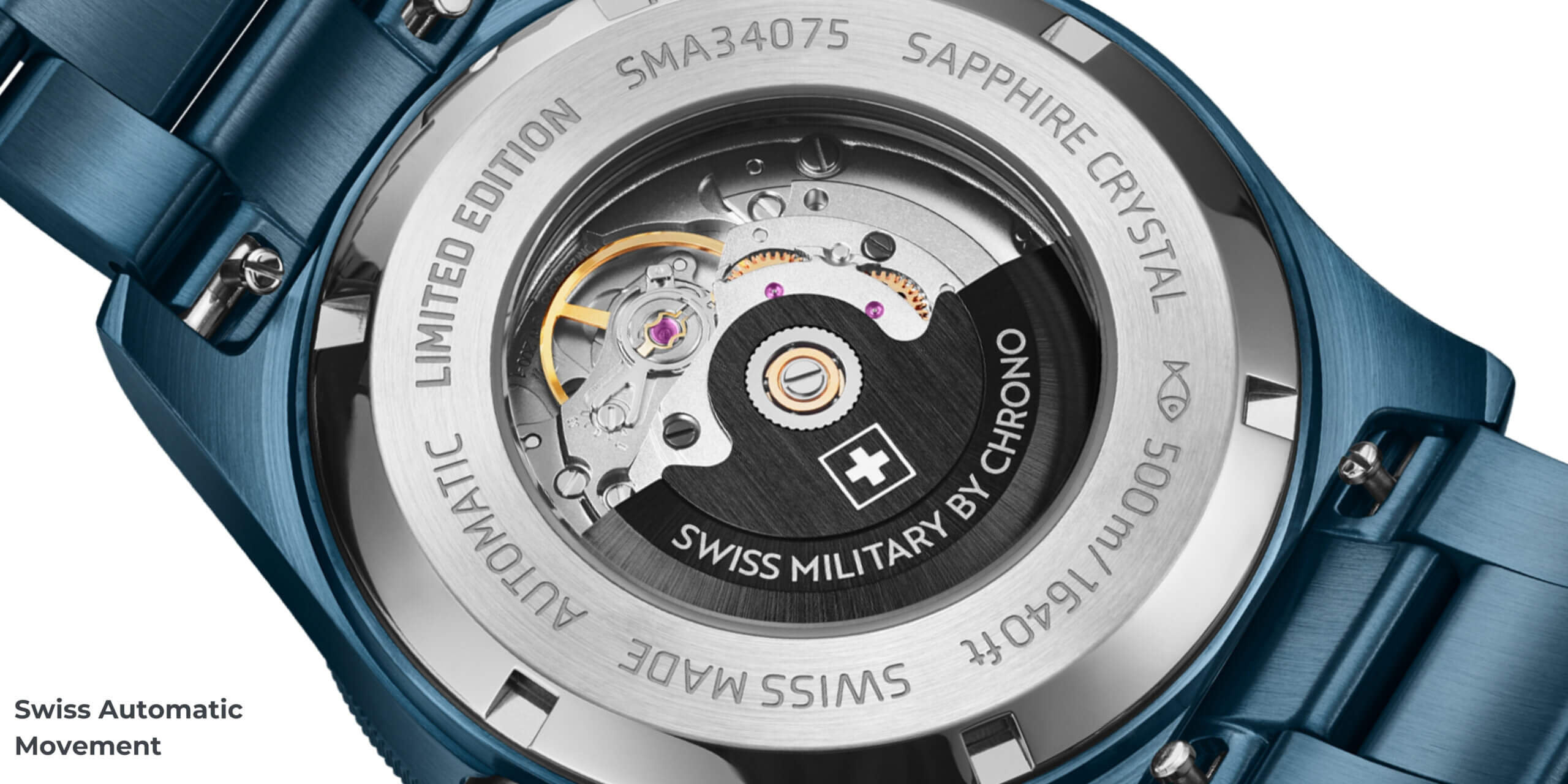 Sellita SW200 automatic movement visible through sapphire case back of the DIVER 500 Limited Edition