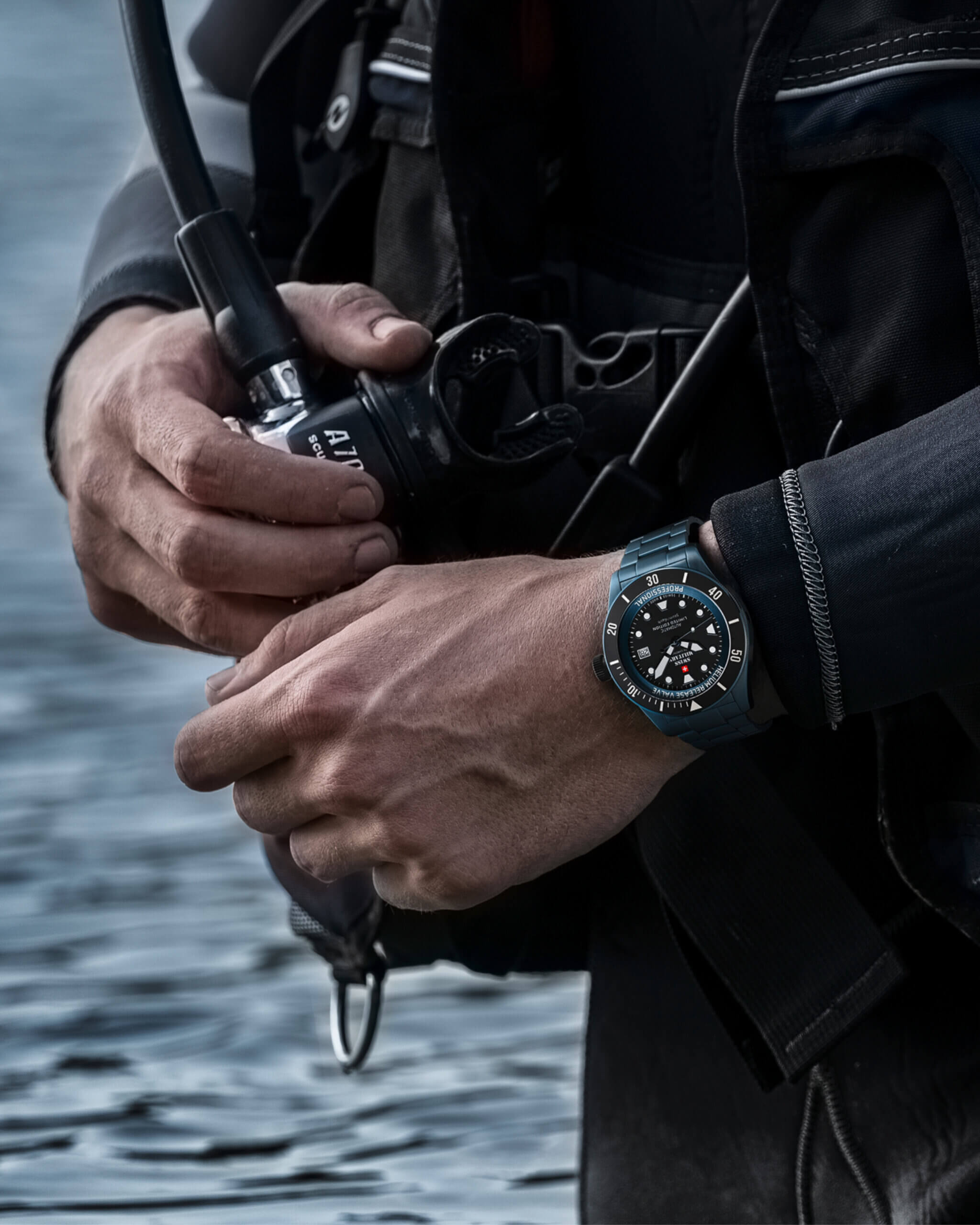 Swiss Military DIVER 500 Limited Edition worn on the wrist with stainless-steel bracelet