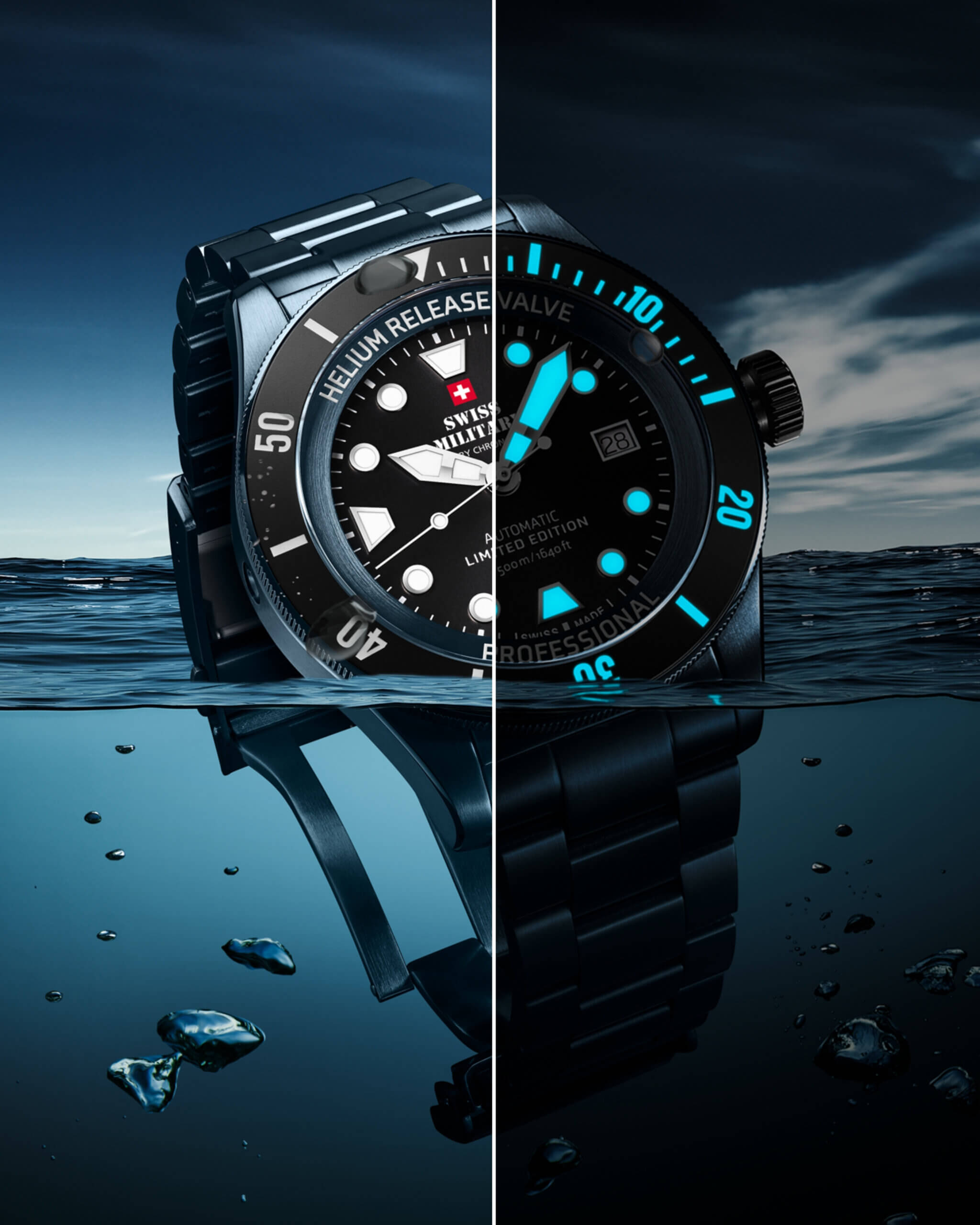 BGW9 Super-LumiNova readability of the Swiss Military DIVER 500 Limited Edition in daylight and darkness