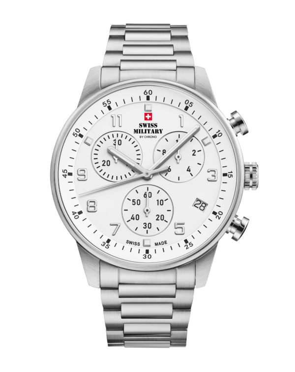 Swiss Military Minimalist Chronograph Watch with white dial and silver steel bracelet – Swiss Made men’s watch with stop‑function.