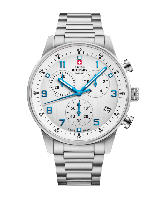 Swiss Military Minimalist Chronograph Watch with white dial and blue hands – Swiss Made silver steel watch with stop‑function.