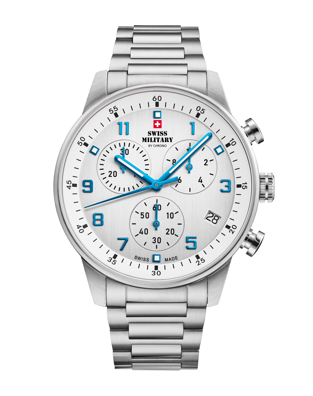 Swiss Military Minimalist Chronograph Watch with white dial and blue hands – Swiss Made silver steel watch with stop‑function.