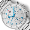 Detailed angle of Swiss Military Minimalist Chronograph Watch showing blue hands and steel bracelet.