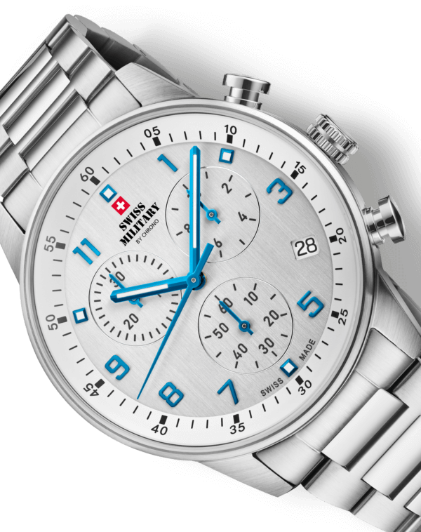 Detailed angle of Swiss Military Minimalist Chronograph Watch showing blue hands and steel bracelet.
