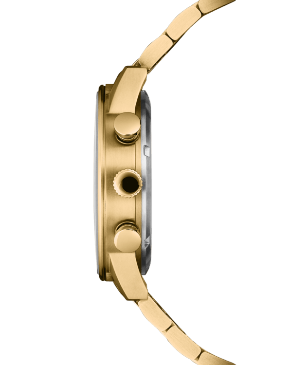 Side view Swiss Military Minimalist Chronograph Watch – gold case with white dial and polished pushers.