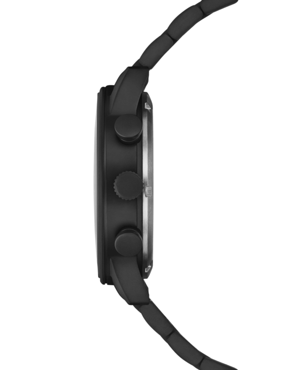 Vista lateral Reloj Cronógrafo Minimalista Militar Suizo - caja negra mate con pulsadores de acero y diseño de cronógrafo.