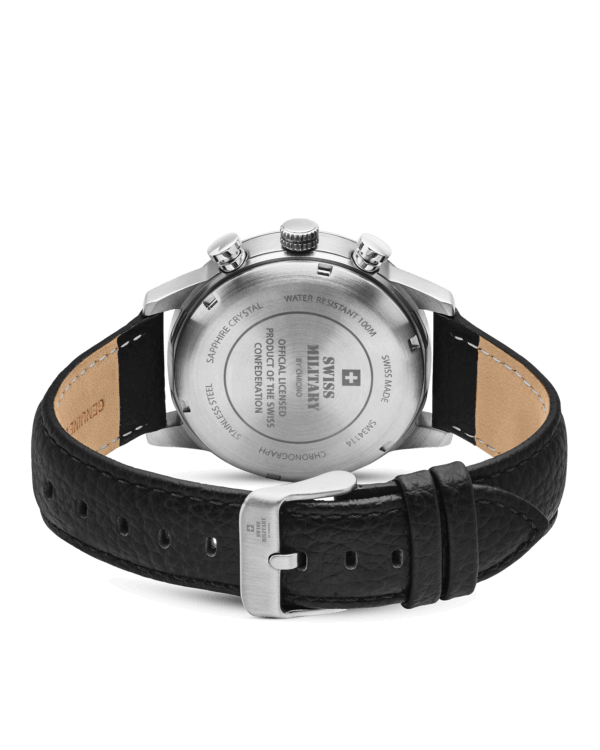 Back view Swiss Military Minimalist Chronograph Watch – engraved Swiss Military logo and official Swiss Confederation license.