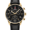 Swiss Military Minimalist Chronograph Watch with black dial, white hands and gold second hand – Swiss Made gold case with leather strap for refined style.
