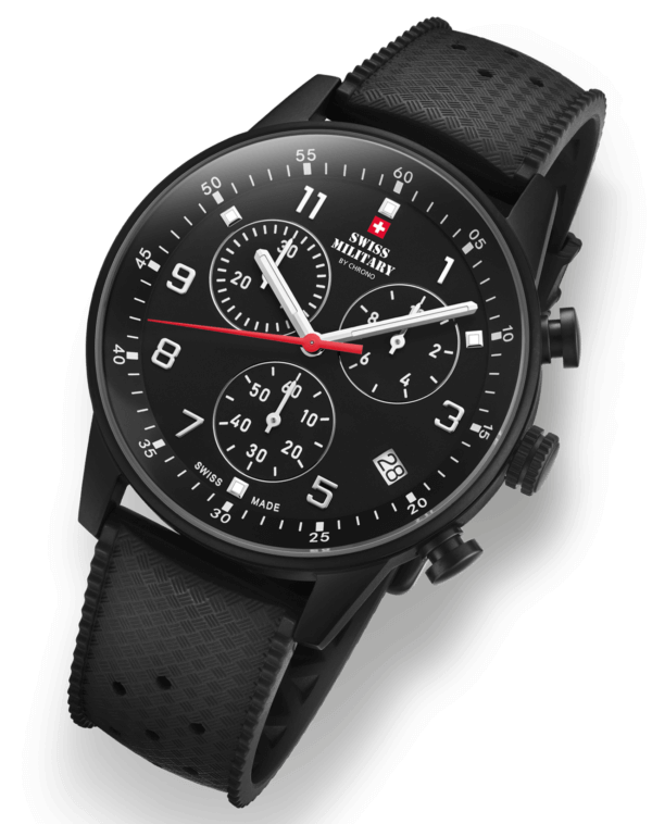 Seitenansicht Swiss Military Minimalist Chronograph Watch - schwarzes Stahlgehäuse mit FKM-Kautschukarmband und schwarzem Zifferblatt.