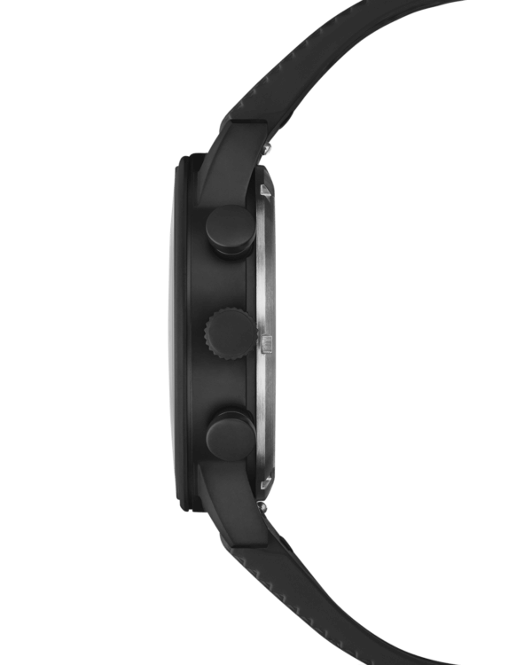 Seitenansicht Swiss Military Minimalist Chronograph Watch - schwarzes Gehäuse mit FKM-Kautschukarmband.