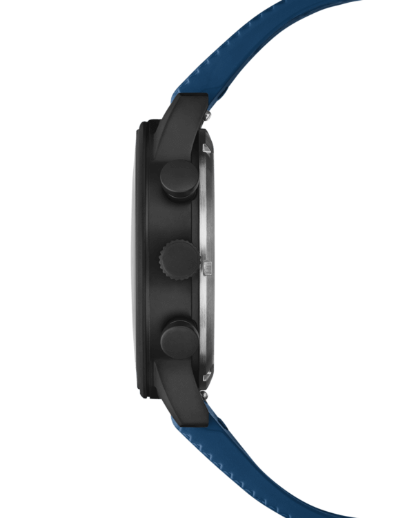 Side view Swiss Military Minimalist Chronograph Watch – black case with blue dial and blue FKM strap.