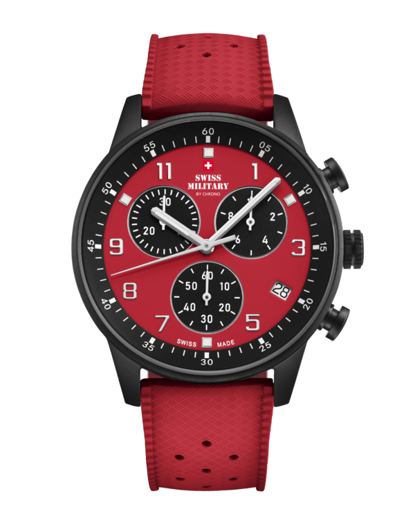 Swiss Military Minimalist Chronograph Watch with red dial and FKM rubber strap – Swiss Made chronograph for power and comfort.