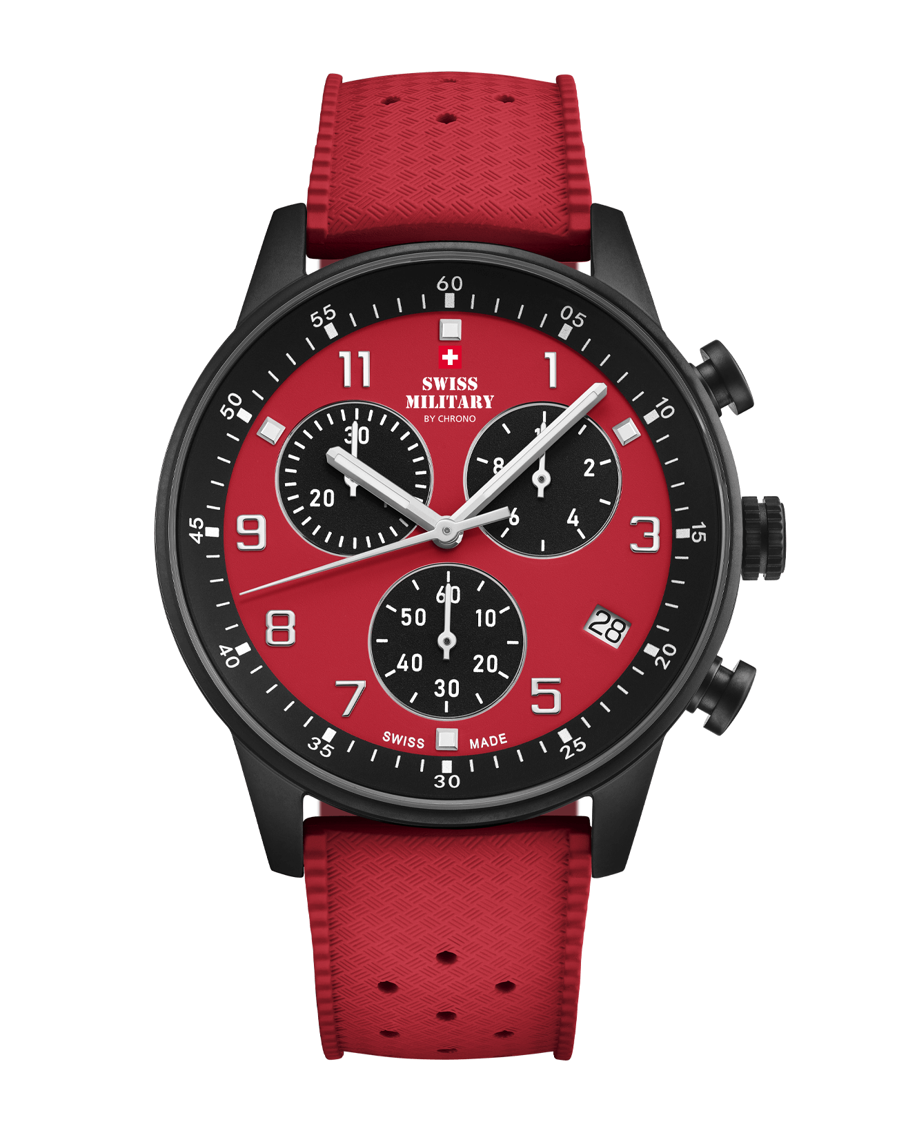 Swiss Military Minimalist Chronograph Watch with red dial and FKM rubber strap – Swiss Made chronograph for power and comfort.
