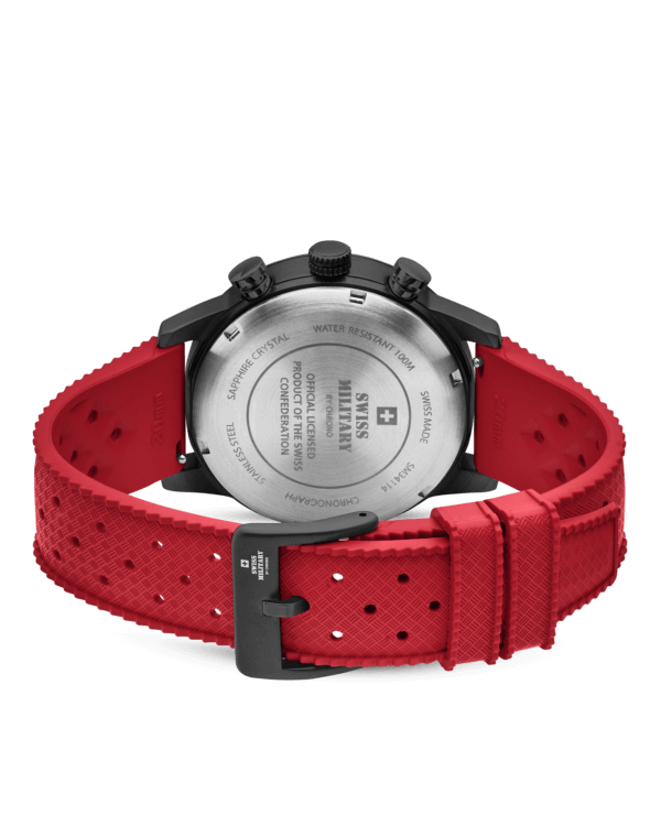 Back view Swiss Military Minimalist Chronograph Watch – engraved Swiss Military logo and Swiss Confederation license on black case.