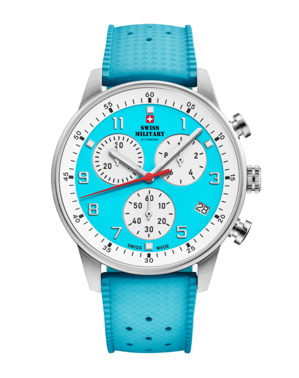 Swiss Military Minimalist Chronograph Watch with light blue dial and FKM rubber strap – Swiss Made chronograph for comfort and precision.