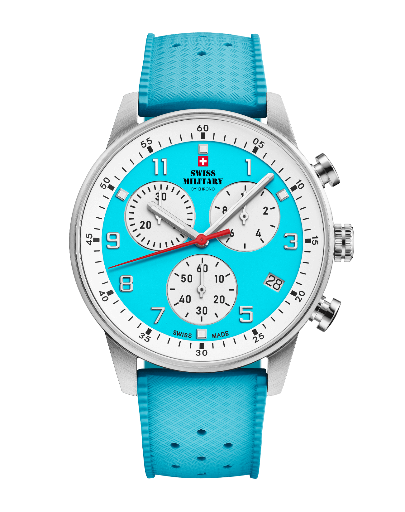 Swiss Military Minimalist Chronograph Watch with light blue dial and FKM rubber strap – Swiss Made chronograph for comfort and precision.