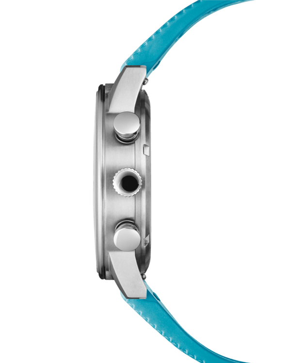 Side view Swiss Military Minimalist Chronograph Watch – silver case blue dial and blue FKM rubber strap.