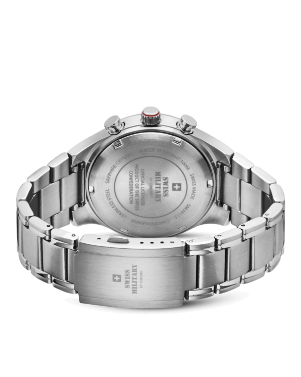 Montre militaire suisse à chronographe de vitesse fond de boîte gravure Swiss Made