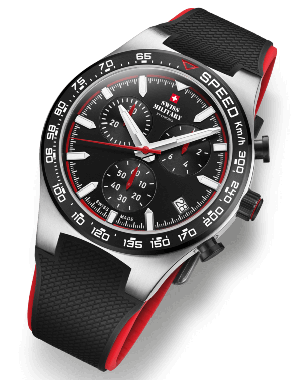 Swiss Military Speed Chronograph Watch black dial red details angled view
