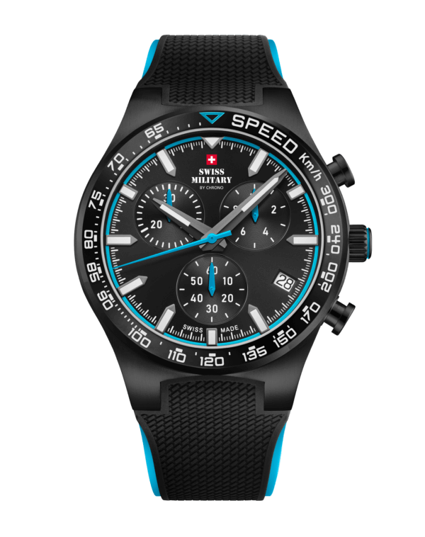 Swiss Military Speed Chronograph Watch black blue rubber front view