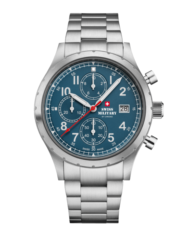 Swiss Military Field Chronograph Watch blue dial silver steel front view