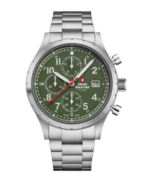 Swiss Military Field Chronograph Watch green dial silver steel front view
