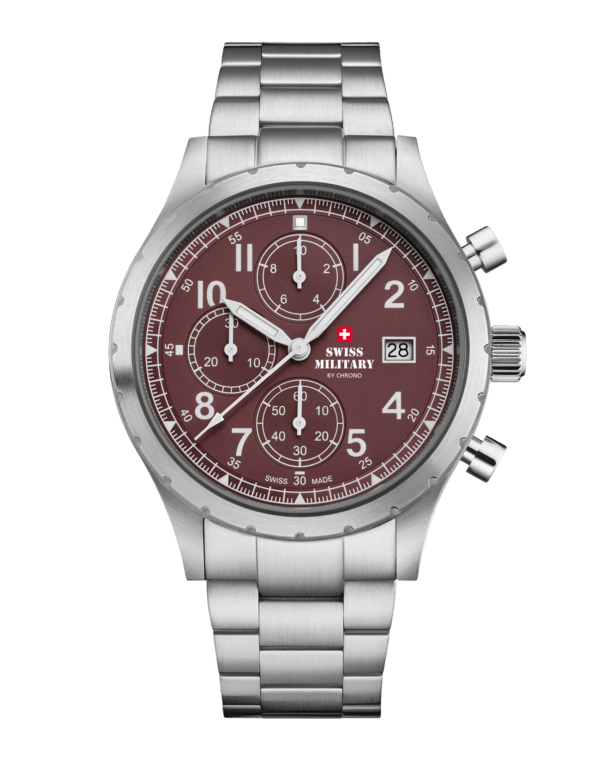 Swiss Military Field Chronograph Watch burgundy dial silver steel front view
